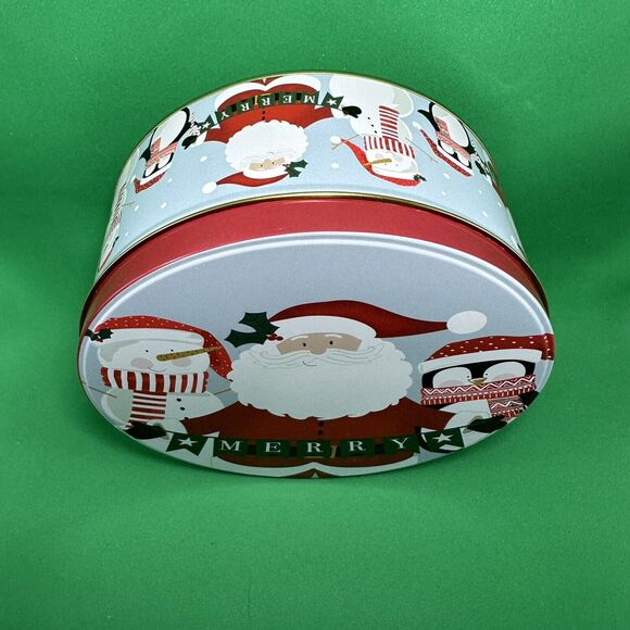 Cookie Tin Box Round Christmas Farm Fresh‎ Santa Claus Snowman Penguin Damaged - Picture 2 of 15